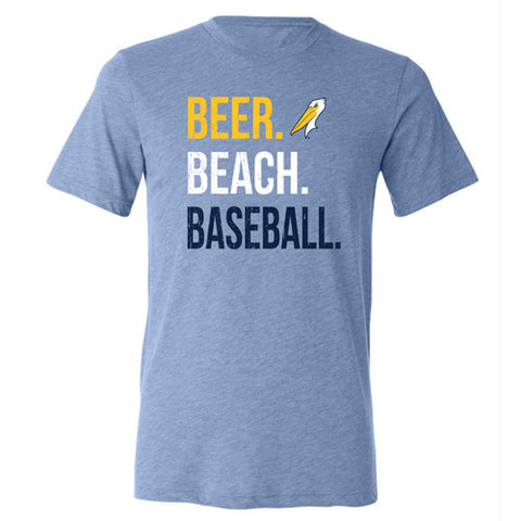 Myrtle Beach Pelicans 108Stitches Light Blue Beer Beach Baseball Tee