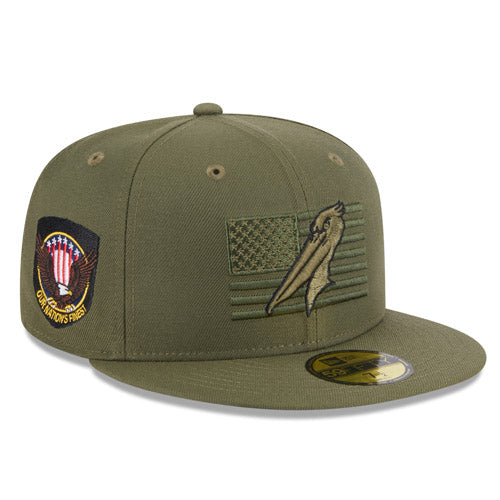 MYRTLE BEACH PELICANS NEW ERA 2023 FATIGUE GREEN ARMED FORCES 59FIFTY FITTED CAP
